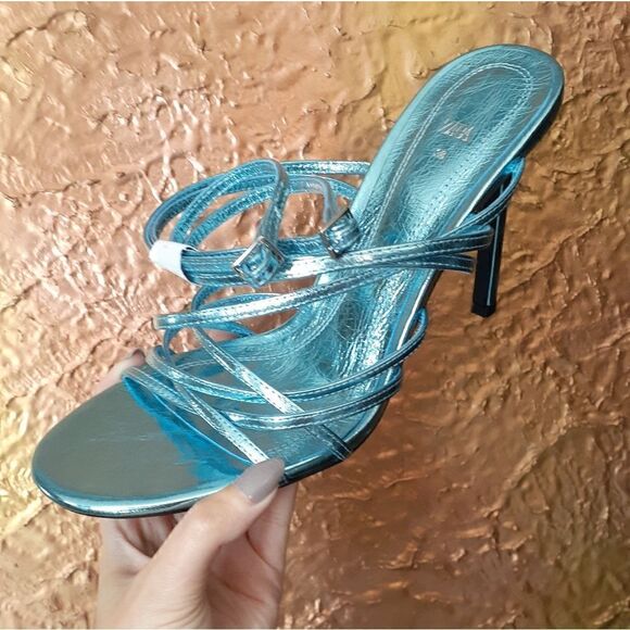 NWT Zara Metallic Blue Strappy Sandals - Picture 12 of 16